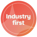 A circular, hot coral badge with the white text "Industry first" in the center.