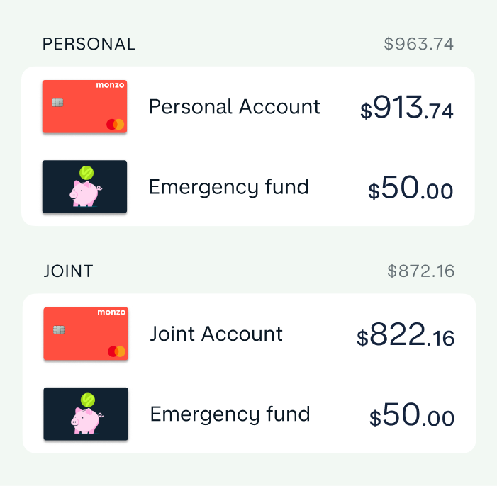 List of Monzo accounts with a personal account and a personal emergency fund Pot separated from a joint account and a joint emergency fund Pot
