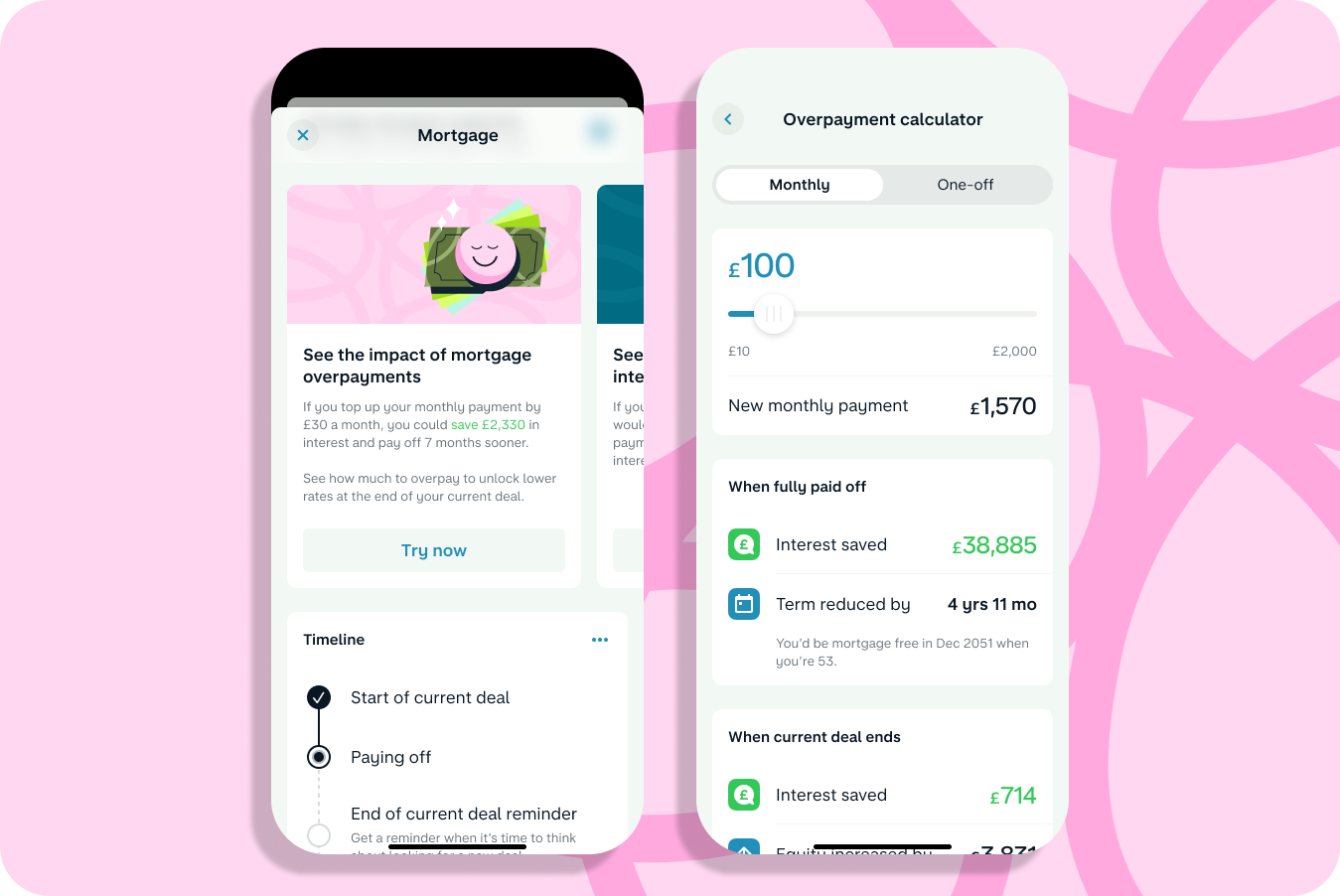 2 screenshots showing the overpayment calculator - highlighting that users can shave time off their mortgage and save money by making extra payments