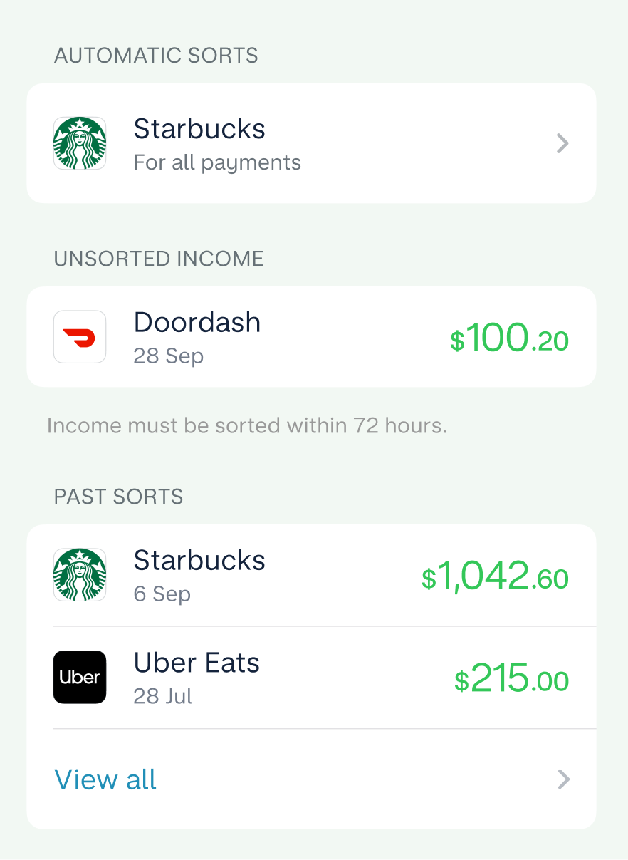 A central hub for Salary Sorter in the US Monzo app with three sections divided up by Automatic Sorts, Unsorted Income, and Past Sorts. The only line item under Automatic Sorts is Starbucks. The only line item under Unsorted Income is Doordash for $100.20 on September 28. The subtitle underneath says that "Income must be sorted within 72 hours." There are three line items under Past Sorts: one from Starbucks for $1,042.60 on September 6, a second from Uber Eats for $215 on July 28, and a third to view all past sorts.