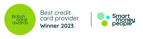A white badge showing "British Bank Awards Best credit card provider Winner 2023", and the Smart Money People Logo