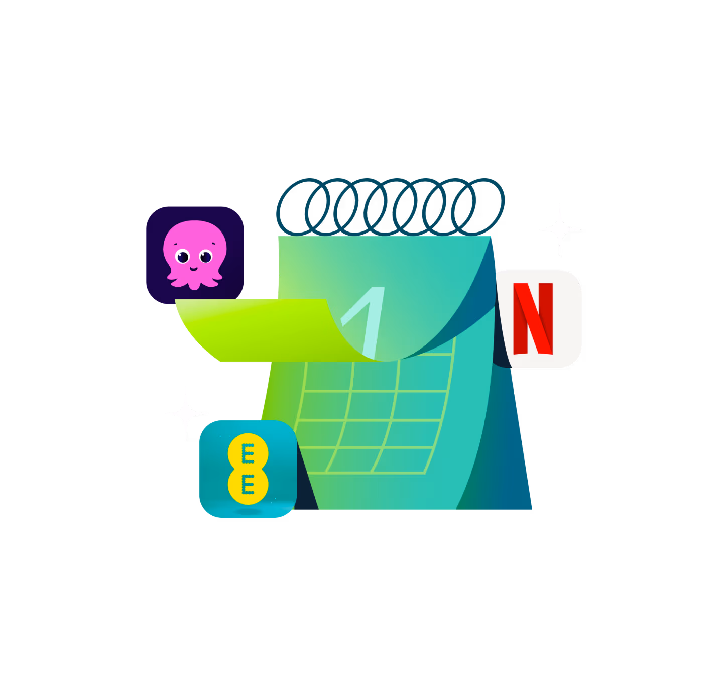 An illustration of a calendar surrounded by logos for Nextflix, EE, and Octopus energy.