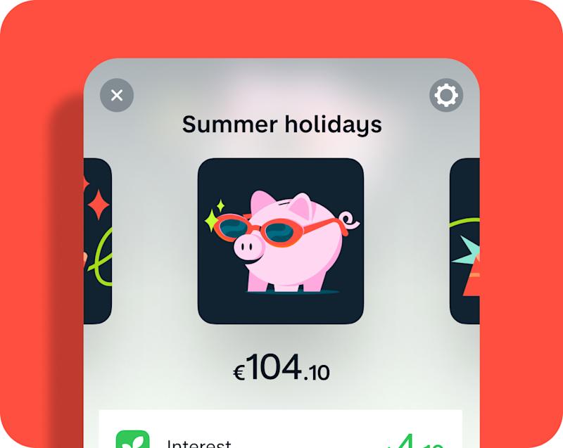 Image of Pot UI on hot coral background. Pot is called "summer holidays" and has been personalised with an iage of a piggybank in sunglasses. There is €104.10 in the account.