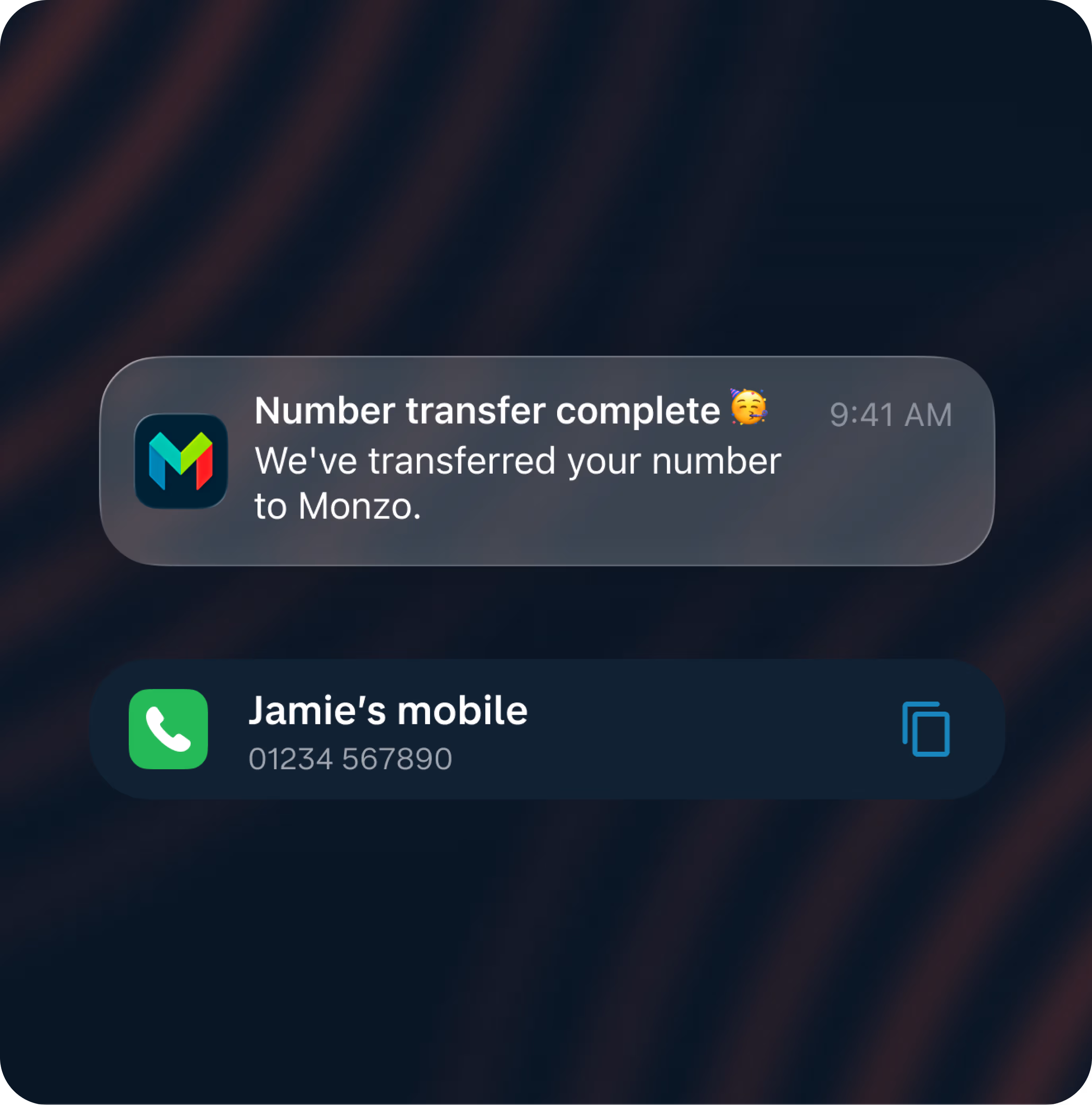 An image shows two notifications, one showing that the number transfer has been complete, and one showing an option to copy the new number.
