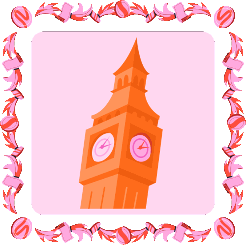 A pink and orange illustration of London's monumental Big Ben clock. 