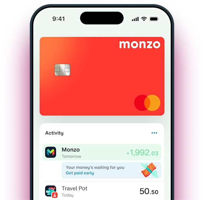 An iPhone 16 Pro featuring the home screen of the Monzo app.