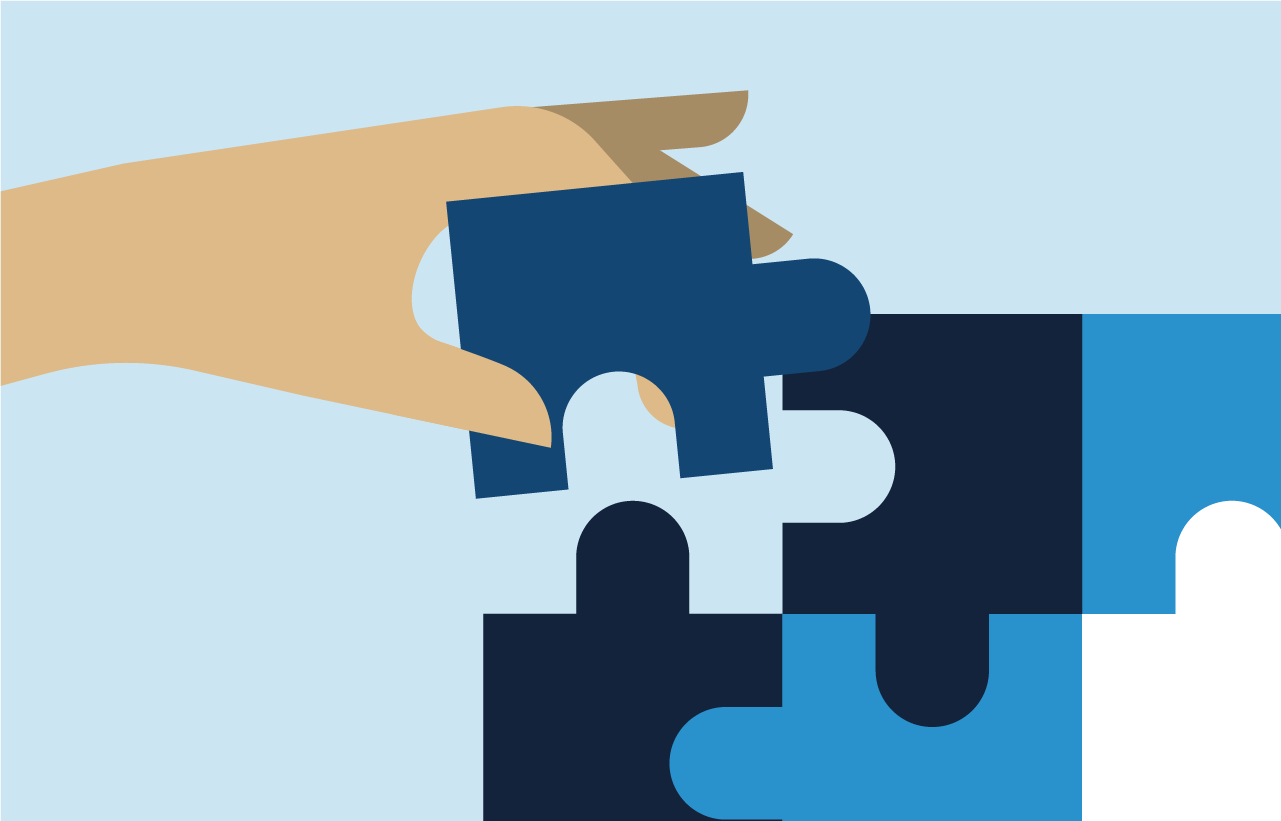 An illustration of a hand placing the final piece into a puzzle