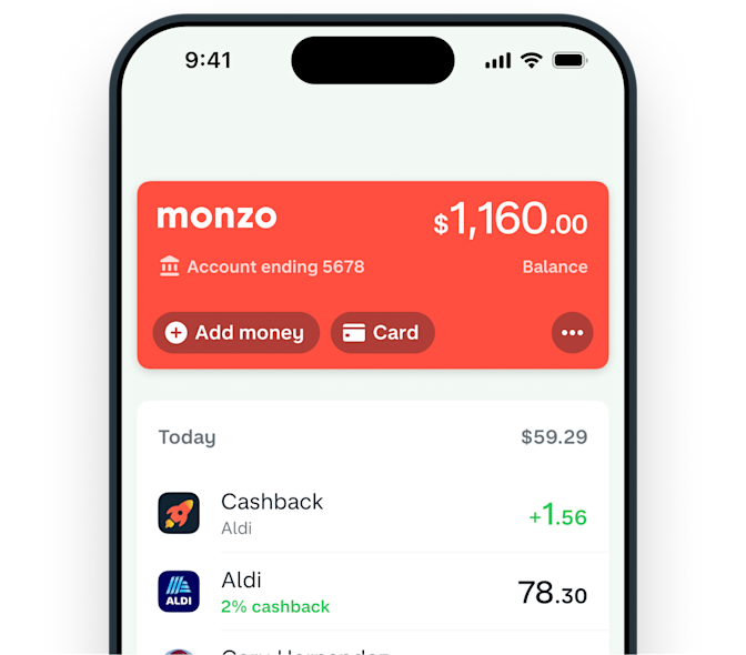 Monzo app screenshot showing an account balance of $1,160.00, a cash back transaction and an Aldi's transaction.