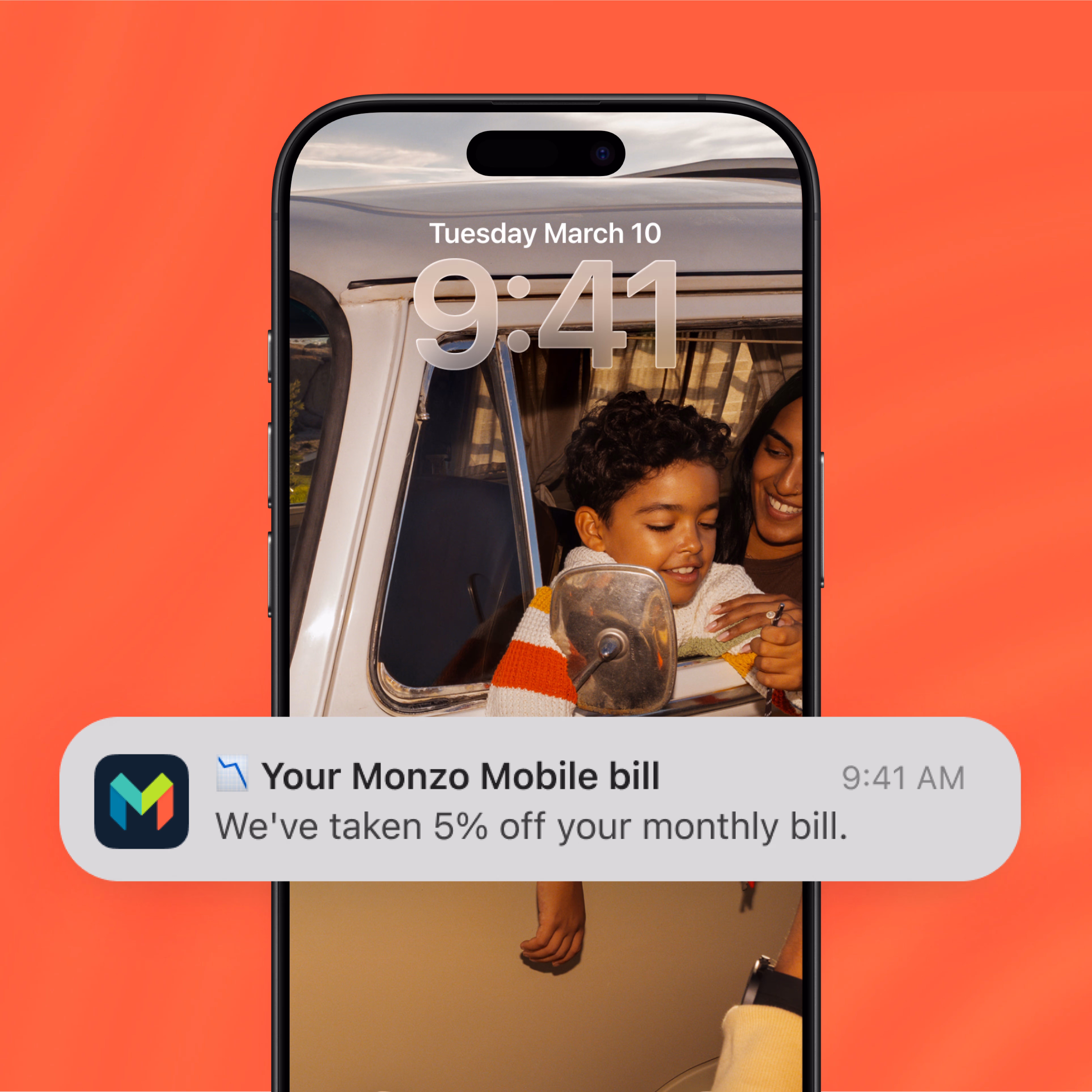 An image of a notification telling a customer that their loyalty discount has been applied to their mobile bill.