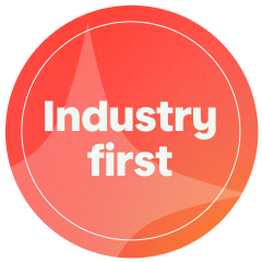A circular, hot coral badge with the white text "Industry first" in the center.