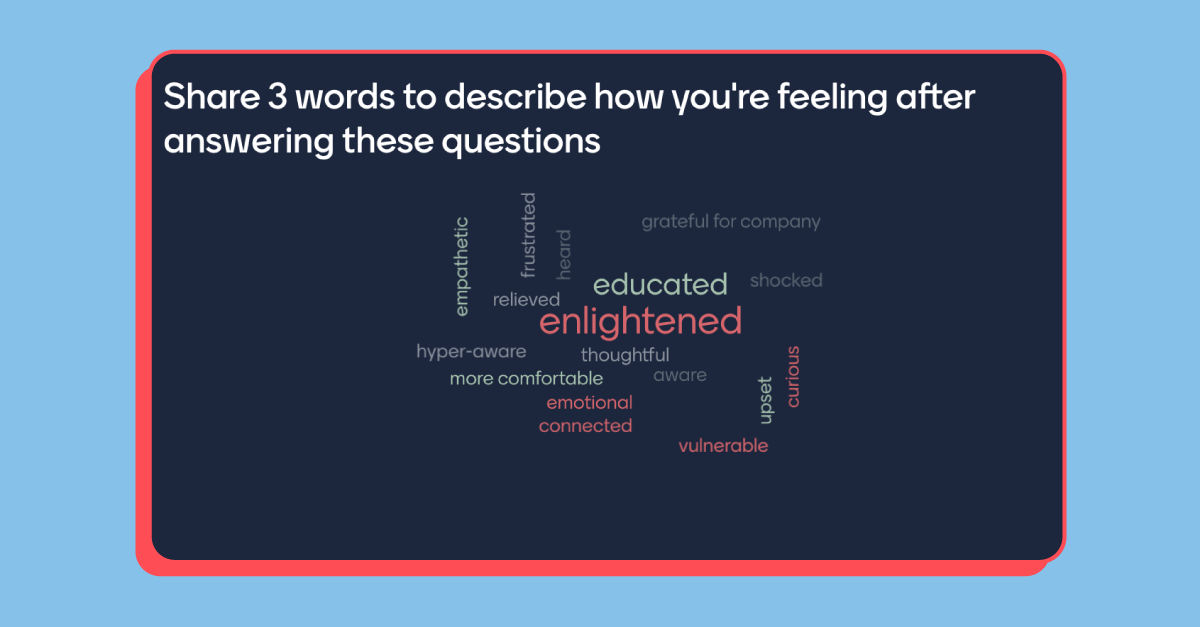 Screenshot from an experience walk activity. It shows a word cloud titled "Share 3 words to describe how you're feeling after answering these questions". The responses includes words such as "enlightened" "educated" "more comfortable" "empathetic" "emotional" "vulnerable" "shocked" "frustrated" "upset" and "curious"