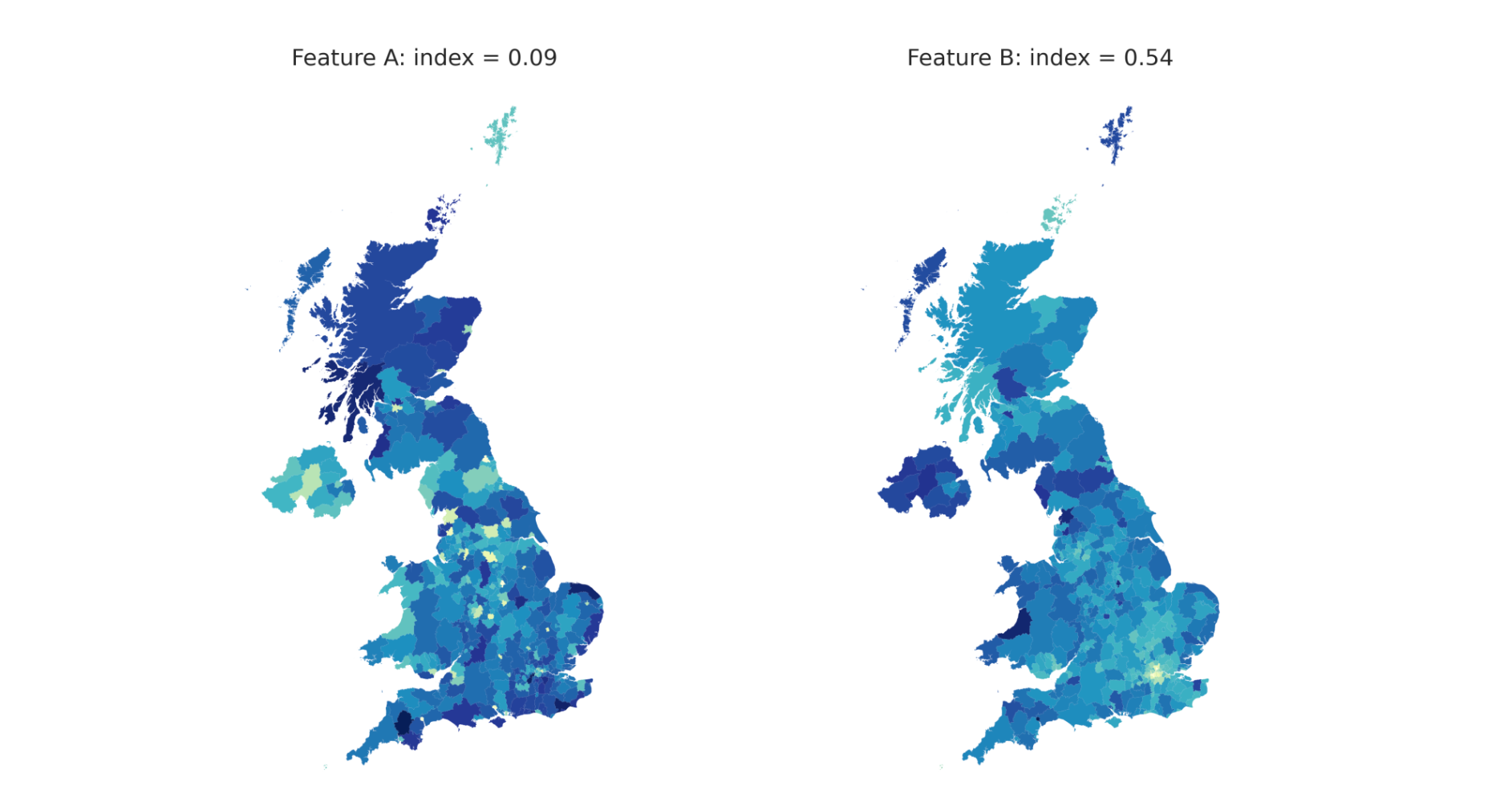 Moran Index on two features across UK