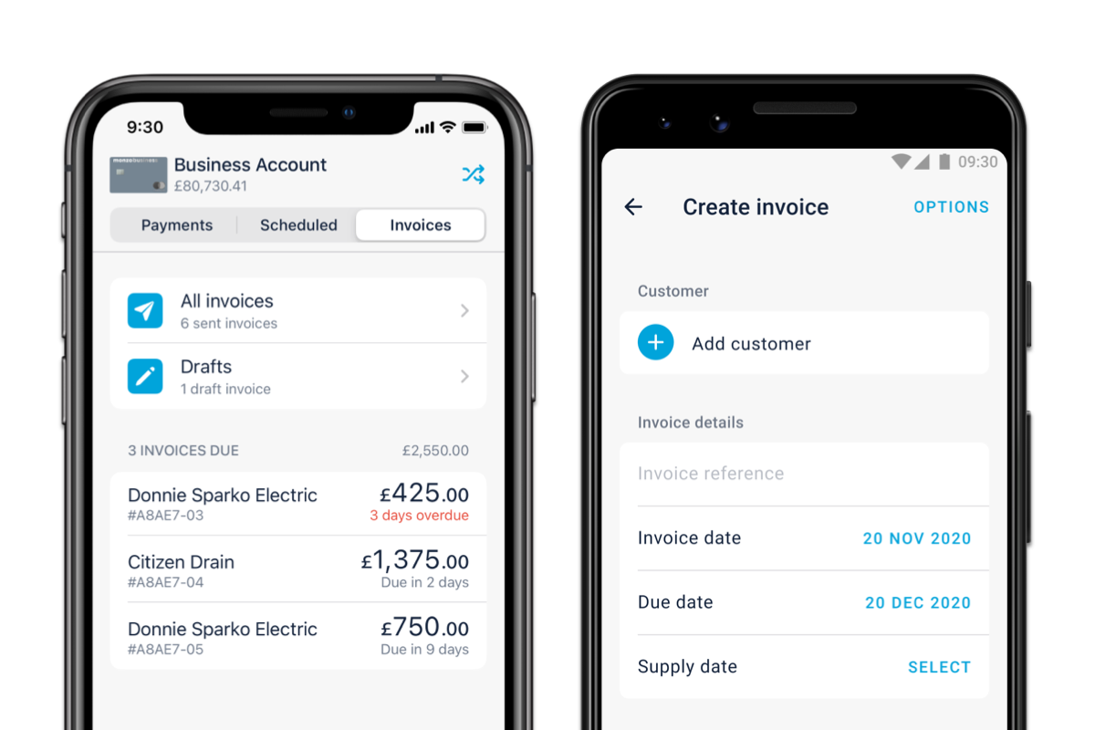 Illustration showing the Invoice tab in the Monzo app.