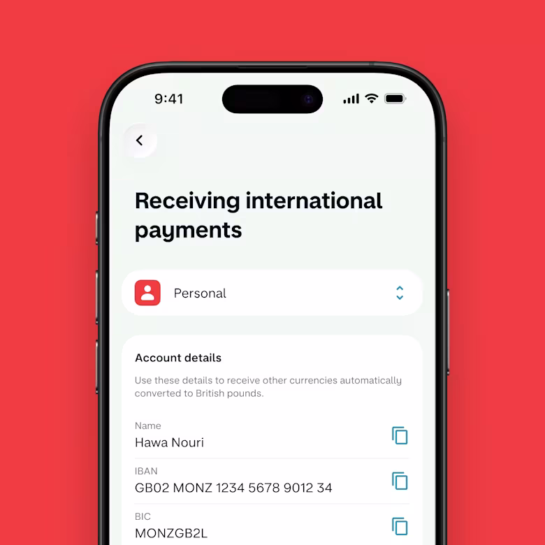 UI mobile screen showing the users IBAN number