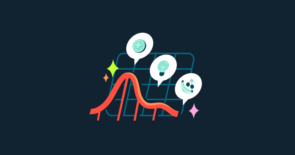 Orange line graph trending downwards with 3 bubbles separately containing a circle with a plus icon, a lightbulb, and a banana and cherry.