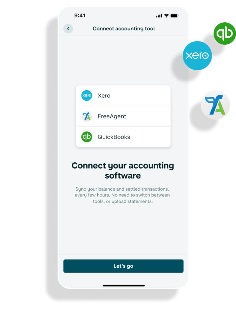 A screen of the Monzo App showing the Connect account tooling screen. It shows Xero, FreeAgent and Quickbooks.