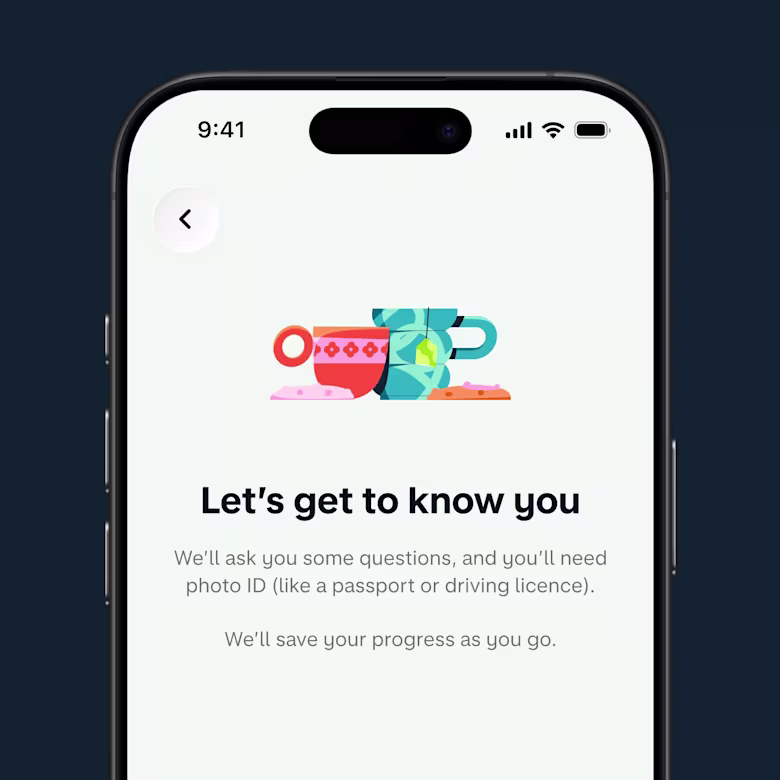 A smartphone showing a verification screen explaining that photo ID is needed to continue an application.