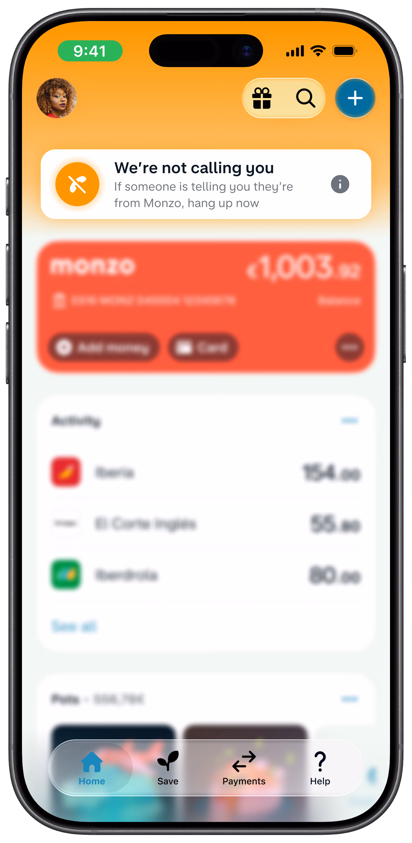 A smartphone displays the Monzo app's home screen, showing a hot coral card, recent transactions, and a "We're not calling you" security warning.