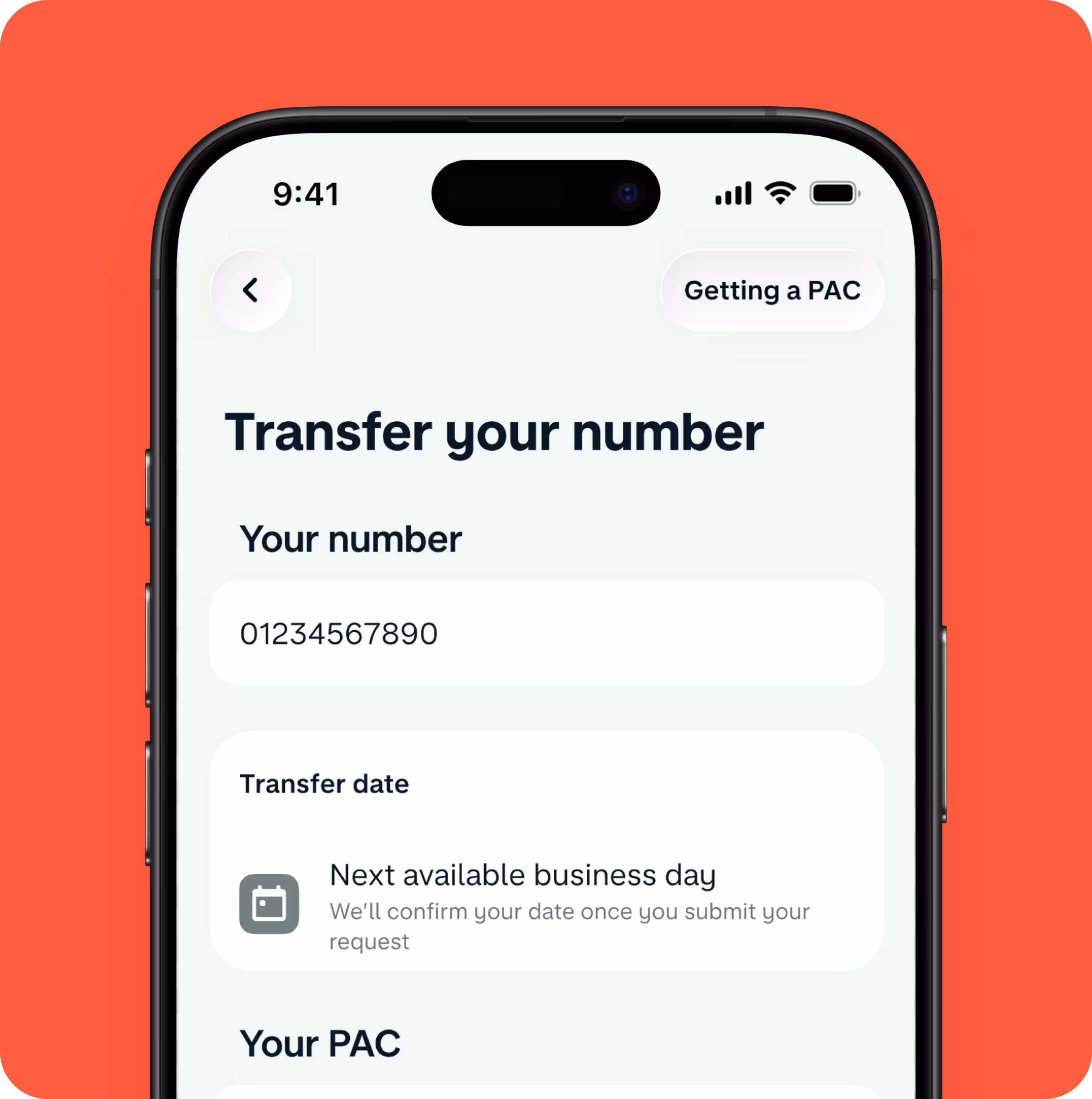 A phone screen shows a phone number with the option to transfer, with a transfer date and PAC code.