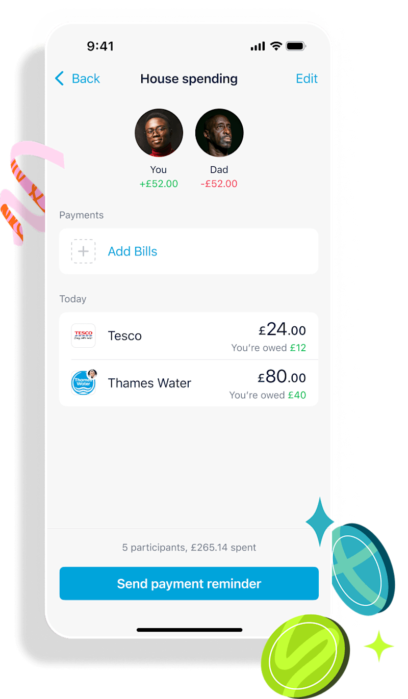 House spending shared tabs screen between 2 people, sharing the cost of a Tesco purchase and a payment to Thames water.