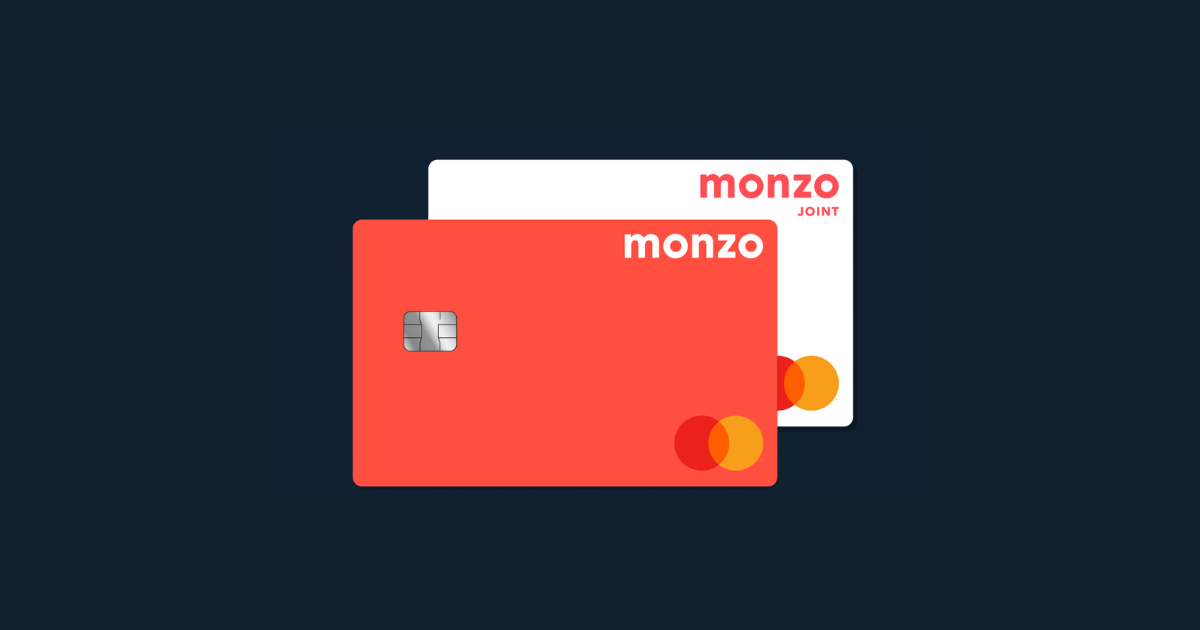 a hot coral Monzo personal account card overlayed onto a white Monzo joint account card