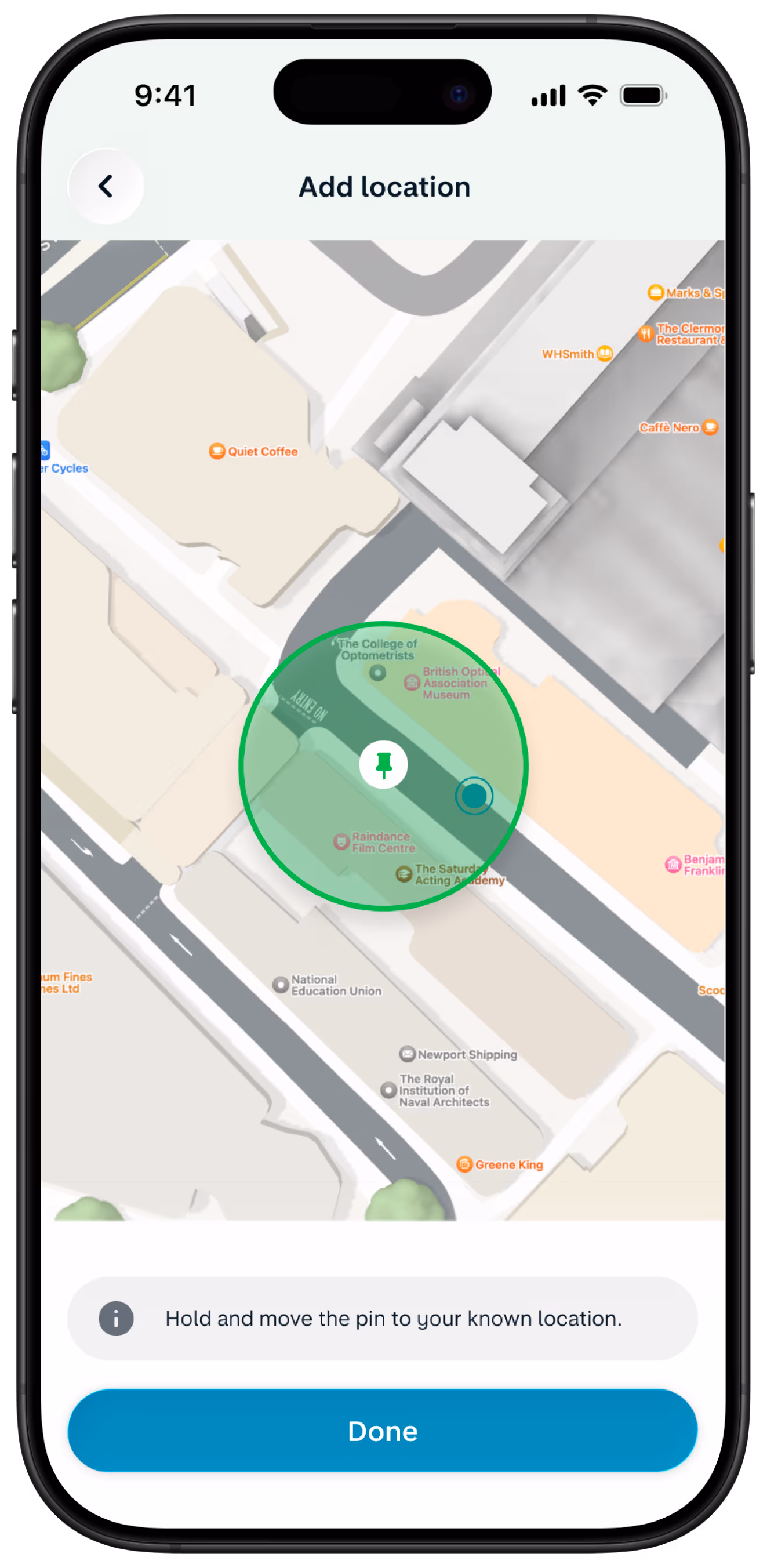 A smartphone showing the Monzo app's extra security controls page, with a map showing a green circular pin, an "Add location" header, and instructions to move the pin to a known location.