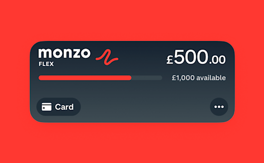 A still from the Monzo app on a hot coral background showing a Flex card balance of £500 with £1,000 available