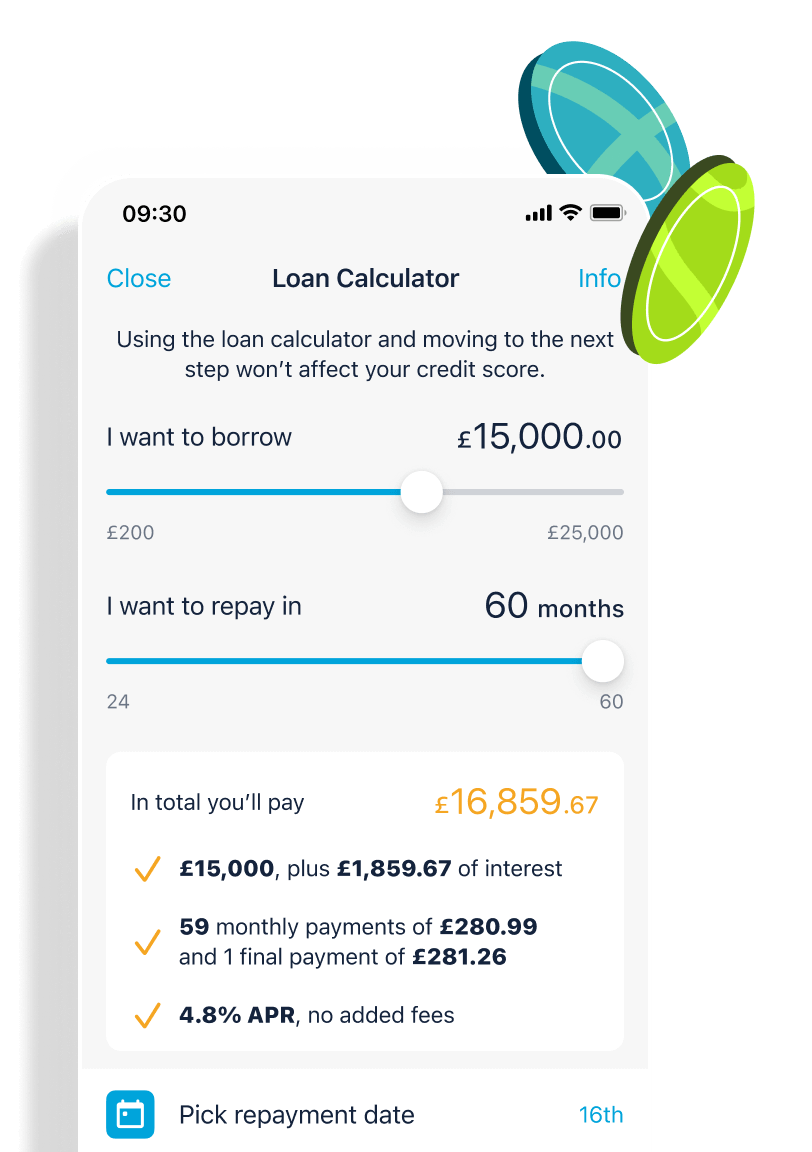 Loan calculator showing borrowing £15,000, to repay within 60 months.