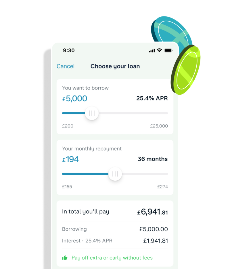 Loan calculator showing borrowing £15,000, to repay within 60 months.