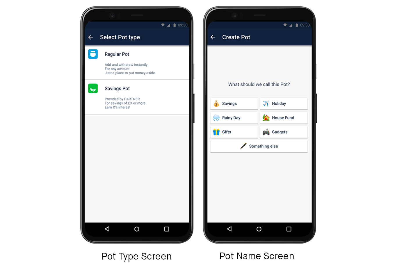 Screens showing the flow to create a Pot in the Monzo Android app