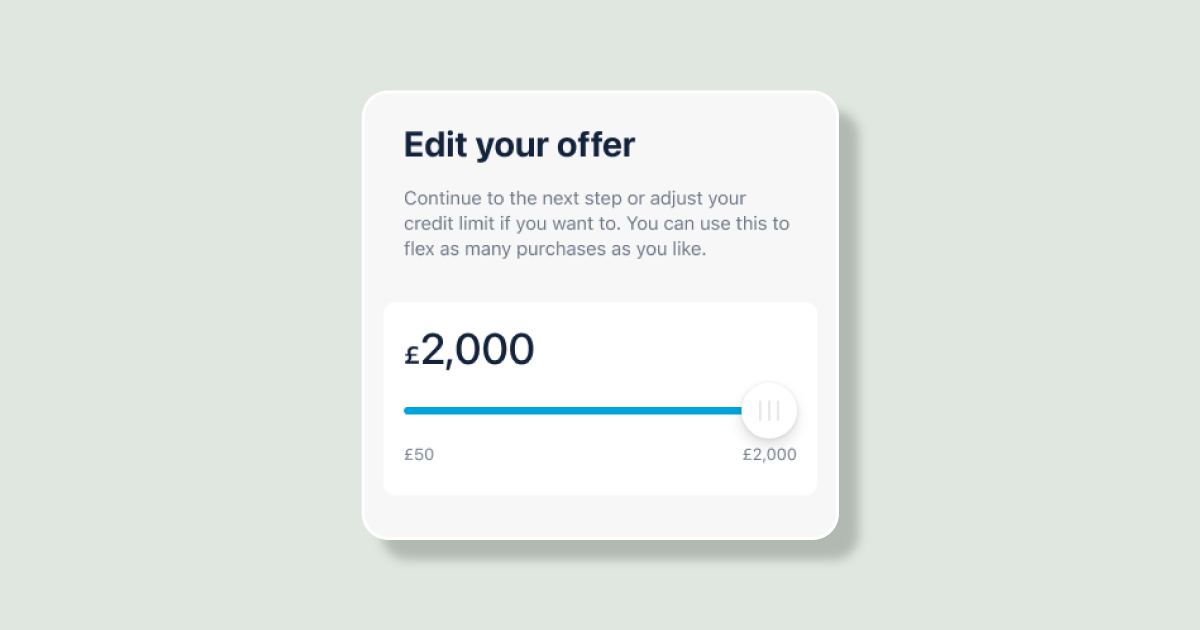 Image showing a screenshot from the Monzo app, with the words 'edit your offer' and a sliding scale from £50 to £2000.