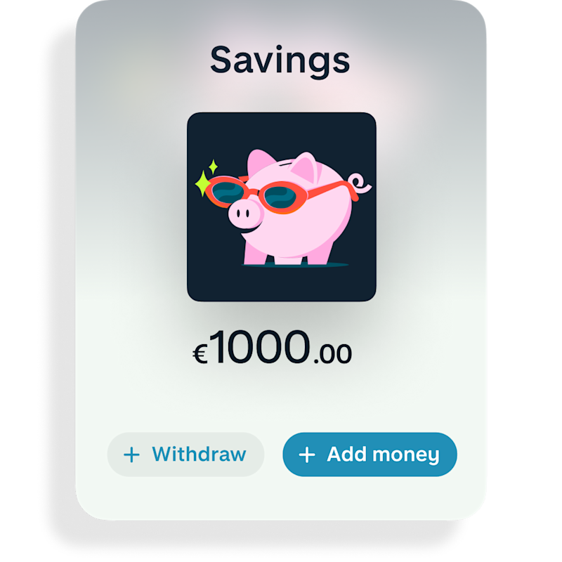 Savings Pot with a piggy bank icon (with sunglasses) containing €1000 in savings 