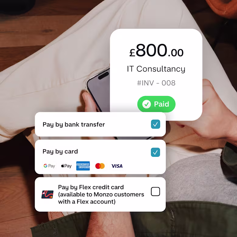 An app screenshot showing different payment options customers hav for settling an invoice