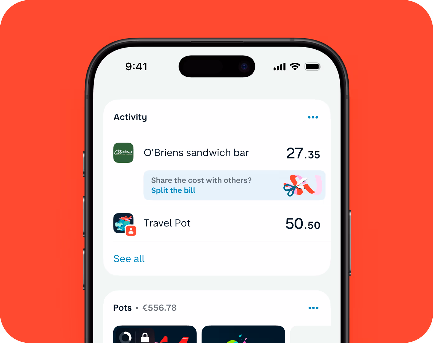 The Monzo app showing a recent transaction from O'Briens sandwich bar. 