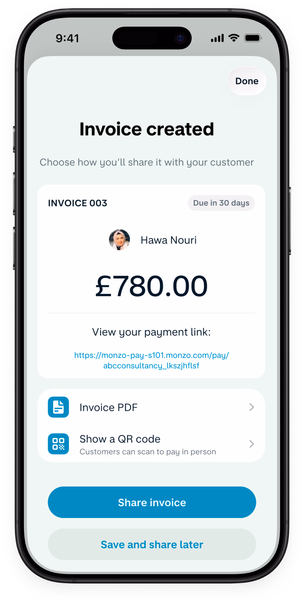 A phone screen showing how to create an invoice in the Monzo app