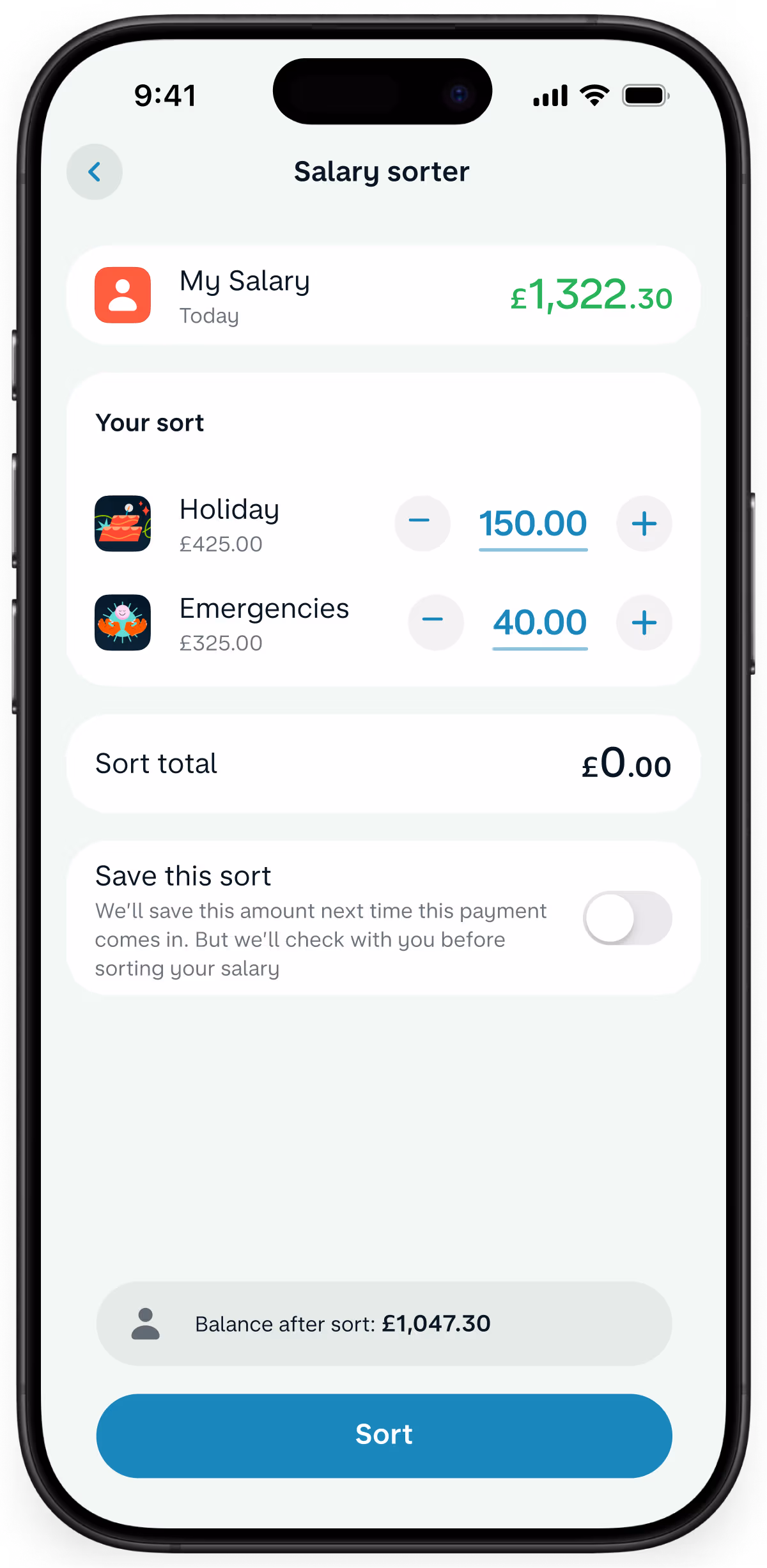 A smartphone showing the Monzo Salary Sorter interface, which divides an incoming monthly income into designated allocations like holiday funds and emergency savings.
