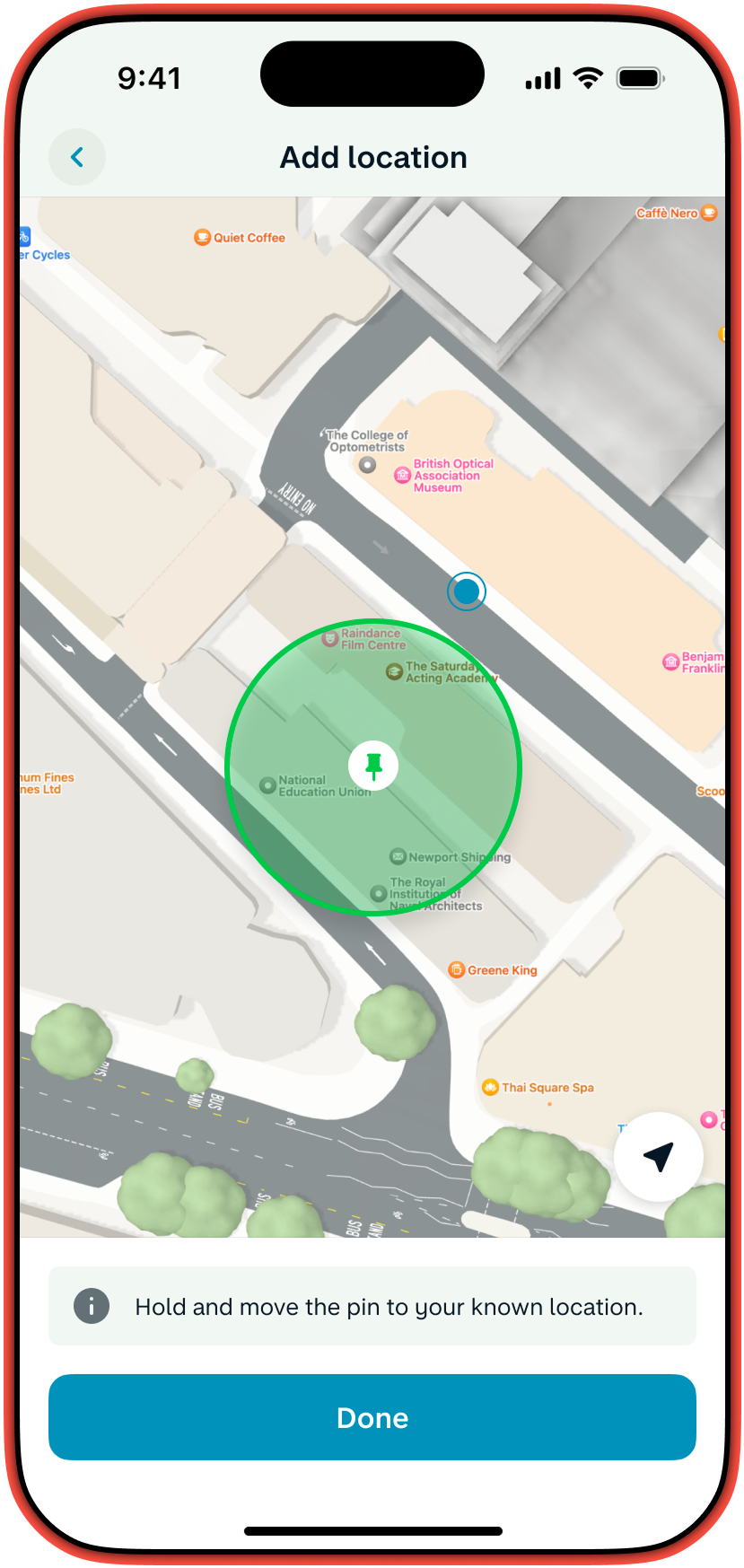 A smartphone showing the Monzo app's extra security controls page, with a map showing a green circular pin, an "Add location" header, and instructions to move the pin to a known location.