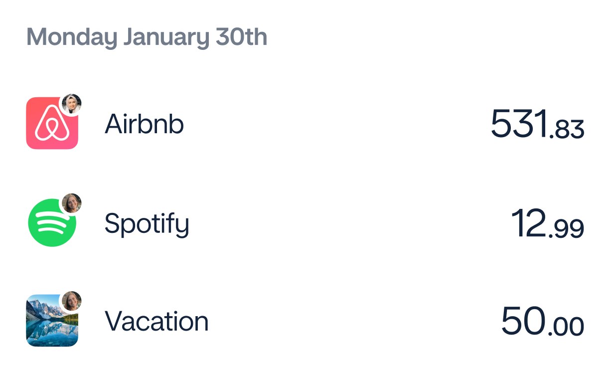 App screen of joint account transaction feed. The first transaction has a photo badge of the first account co-owner for Airbnb for $531.83. The second transaction has a photo badge of the second account co-owner for Spotify for $12.99. The third transaction has a photo badge of the second account co-owner for Vacation Pot for $50.