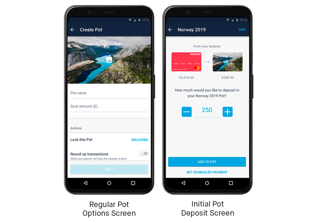 Screens showing the flow to create a Pot in the Monzo Android app