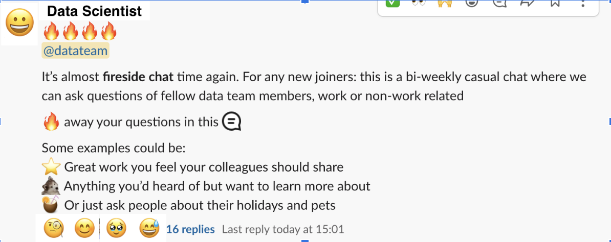 A slack post announcing the next data team fireside chat