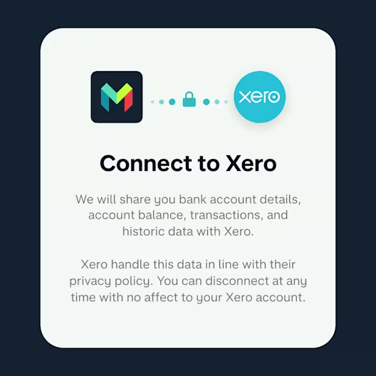An app screenshot showing a Monzo Business bank account connecting with a Xero account