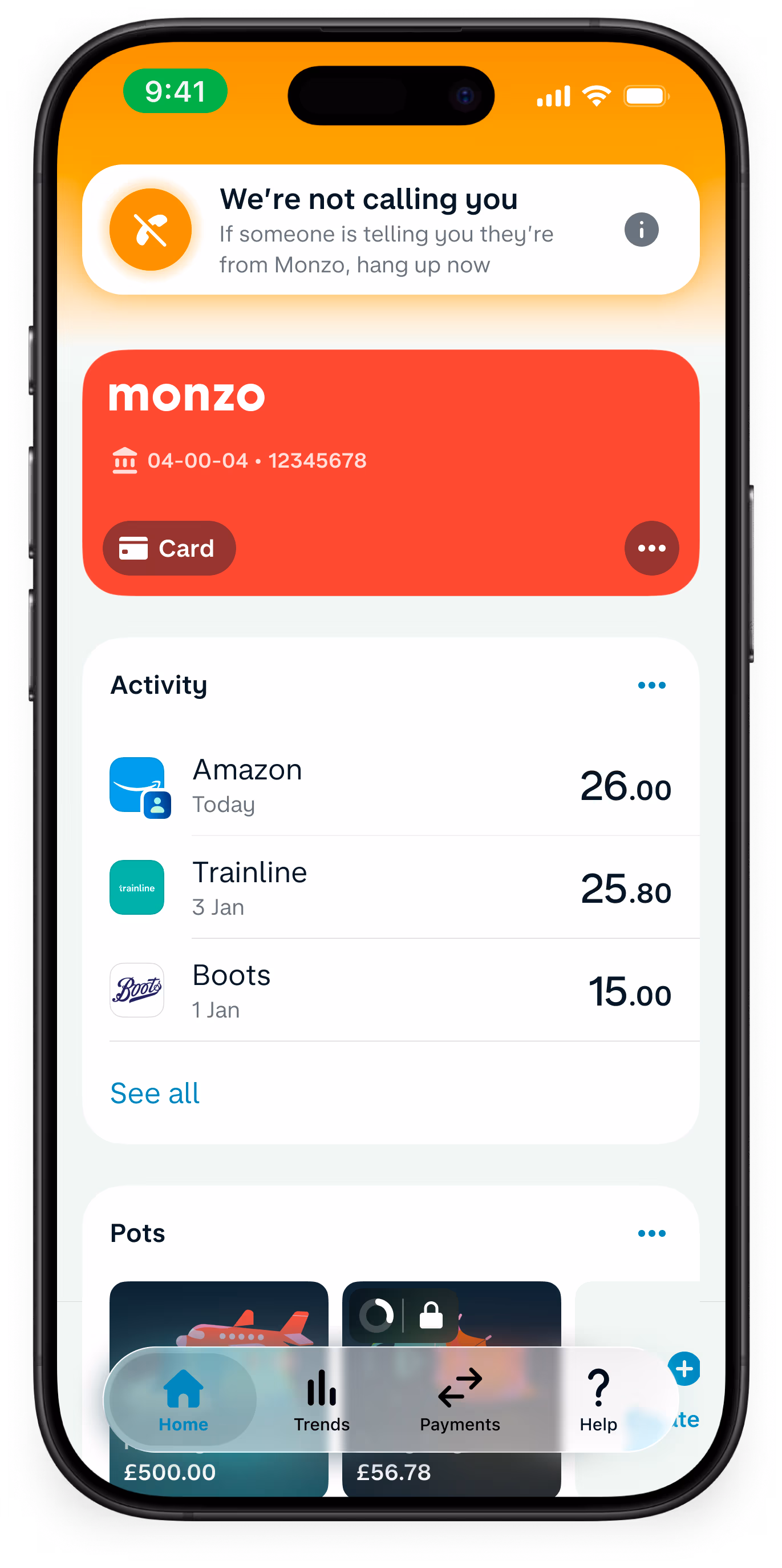 UI showing Monzo's call status feature.