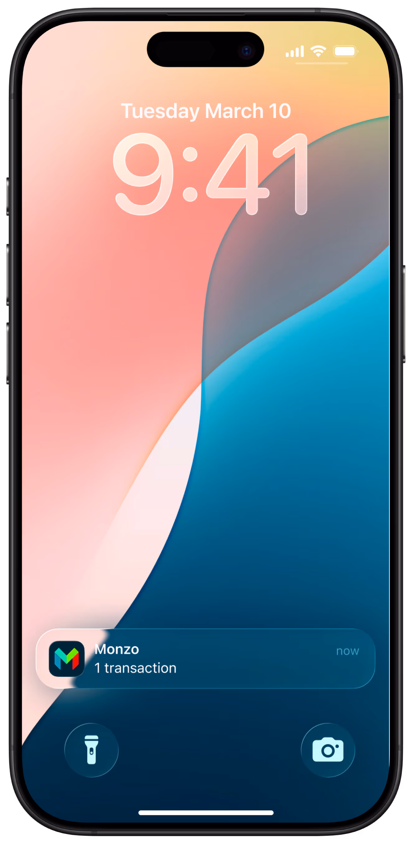 A smartphone displays a lock screen with a gradient wallpaper, showing the time 9:41 and a Monzo notification.