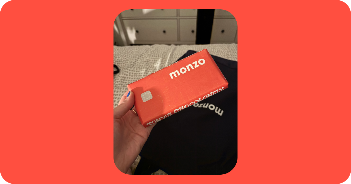A large bar of chocolate with a Monzo-branded wrapper.