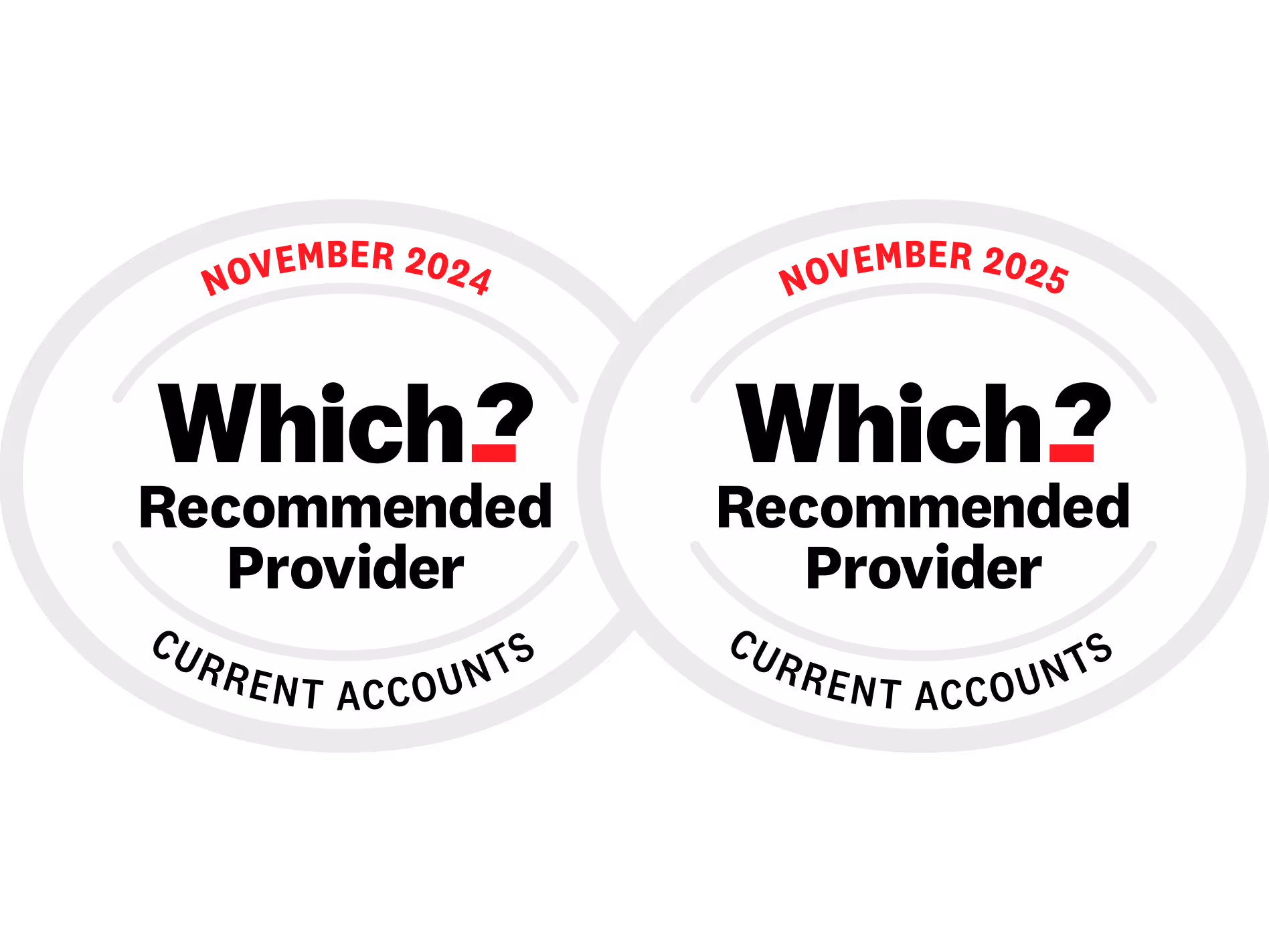 Two Which? recommended provider for current accounts badges for 2024 and 2025.