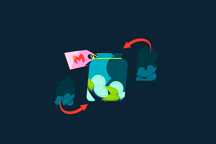 A glass jar containing coins and leaves has a pink tag with an "M" on it. Red arrows point to and from shadowy jar outlines, indicating a transfer.