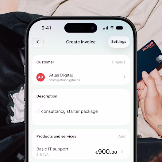An app screenshot showing how to create an invoice using Monzo Business