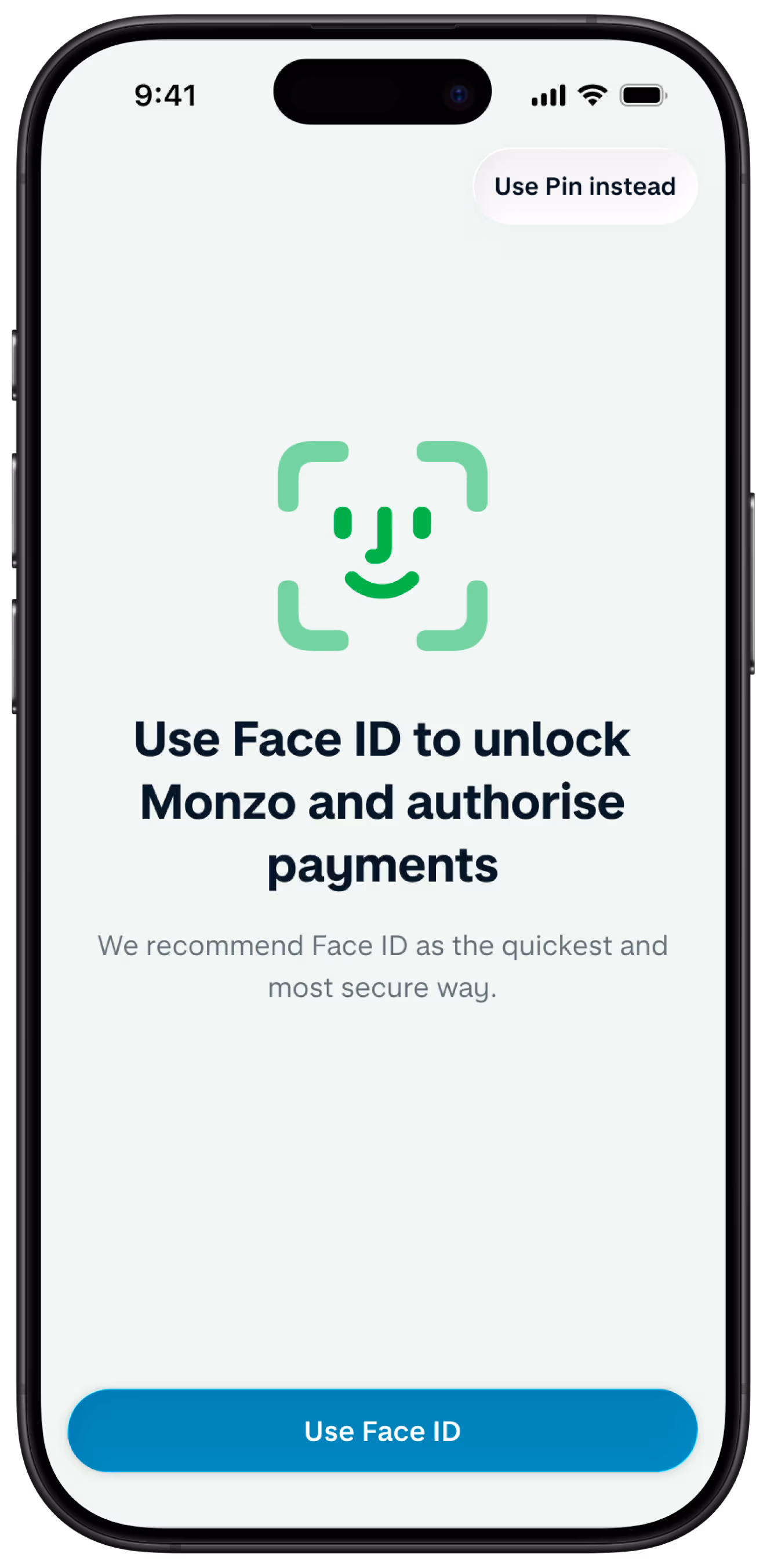 A smartphone displays the Monzo app's biometric facial recognition setup screen, with a green facial recognition icon and text prompting the user to enable it.