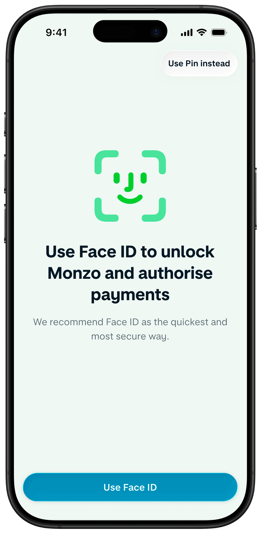 Monzo app showing biometric facial recognition setup