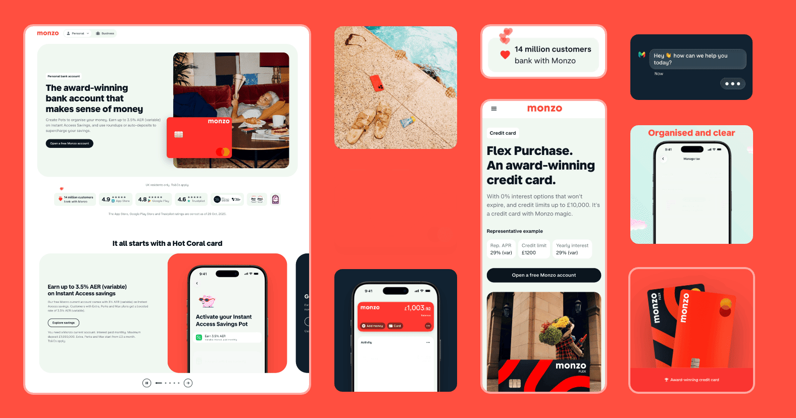 A design showcase grid displaying various animated web blocks, responsive mobile screens, and card illustrations for Monzo's landing pages against a hot coral background.